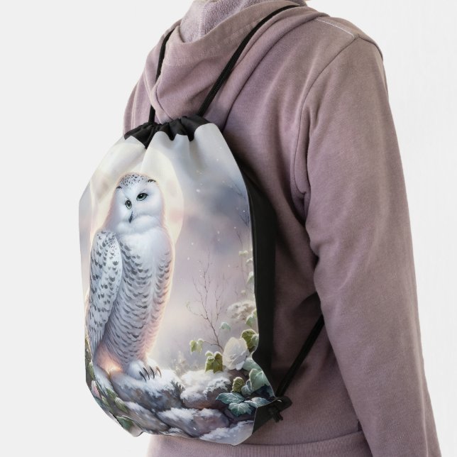Snowy Owl in Moonlit Winter Garden Drawstring Bag (Insitu)