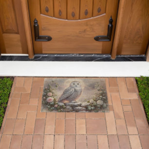 Snowy Owl in Moonlit Winter Garden Fiber Doormat