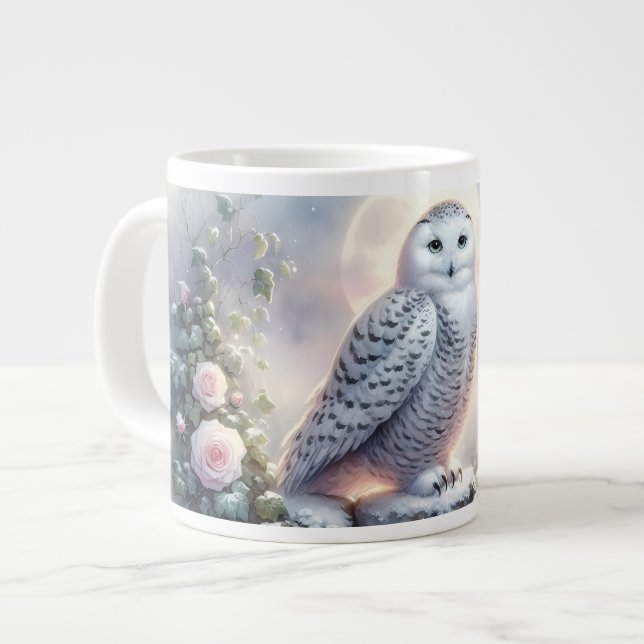Snowy Owl in Moonlit Winter Garden Giant Coffee Mug (Front Left)