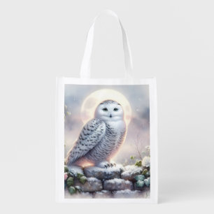 Snowy Owl in Moonlit Winter Garden Grocery Bag