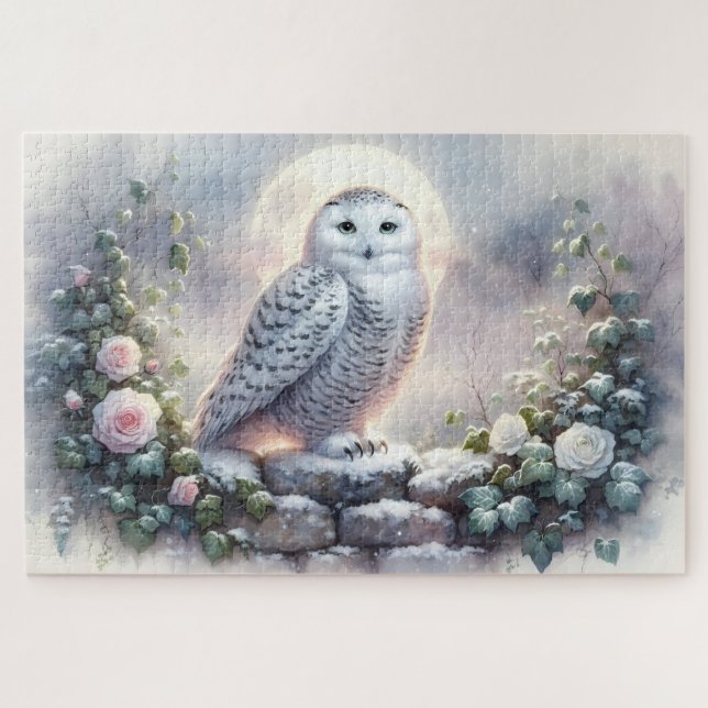 Snowy Owl in Moonlit Winter Garden Jigsaw Puzzle (Horizontal)