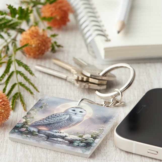 Snowy Owl in Moonlit Winter Garden Keychain (Front Right)