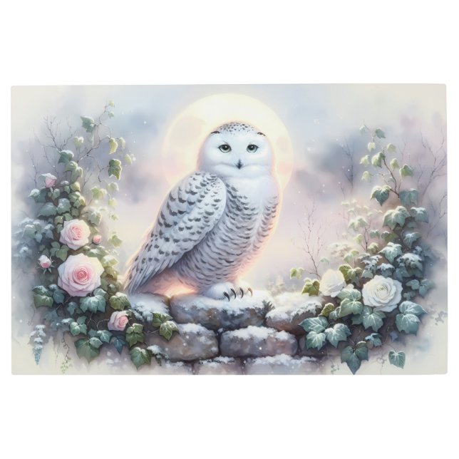 Snowy Owl in Moonlit Winter Garden Metal Print (Front)