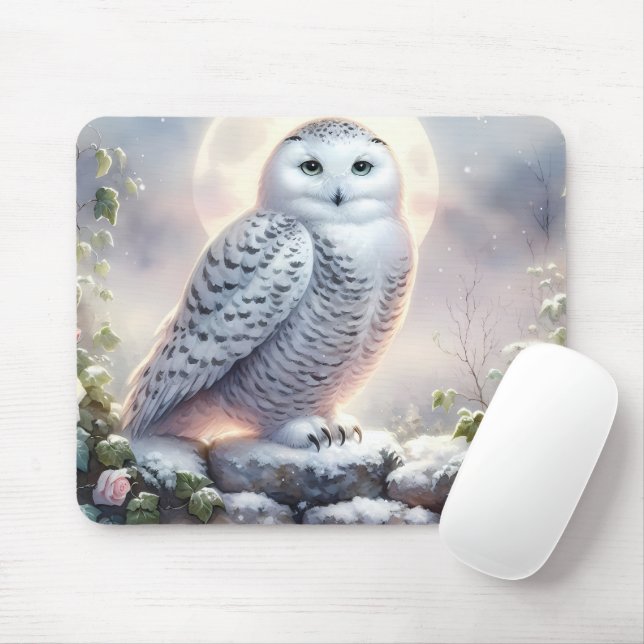 Snowy Owl in Moonlit Winter Garden Mouse Pad (With Mouse)