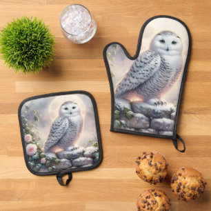 Snowy Owl in Moonlit Winter Garden Oven Mitt & Pot Holder Set