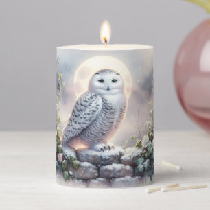 Snowy Owl in Moonlit Winter Garden Pillar Candle