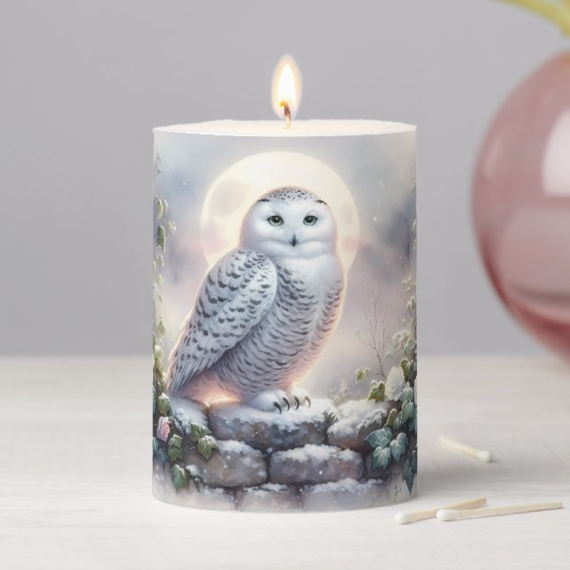Snowy Owl in Moonlit Winter Garden Pillar Candle (In Situ)