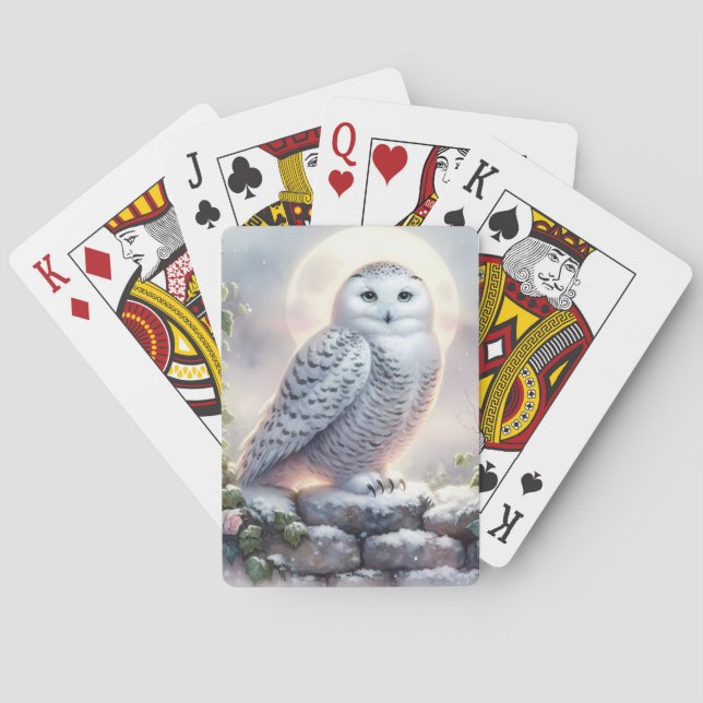 Snowy Owl in Moonlit Winter Garden Poker Cards (Back)
