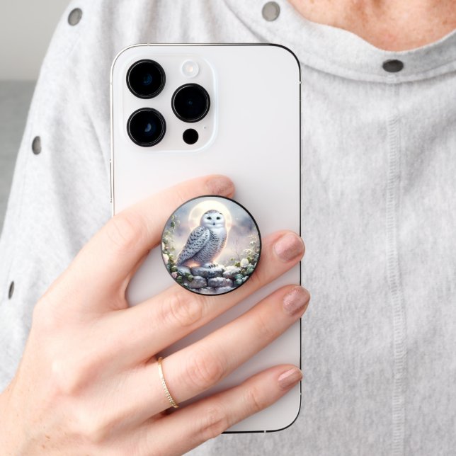 Snowy Owl in Moonlit Winter Garden PopSocket (Hand)