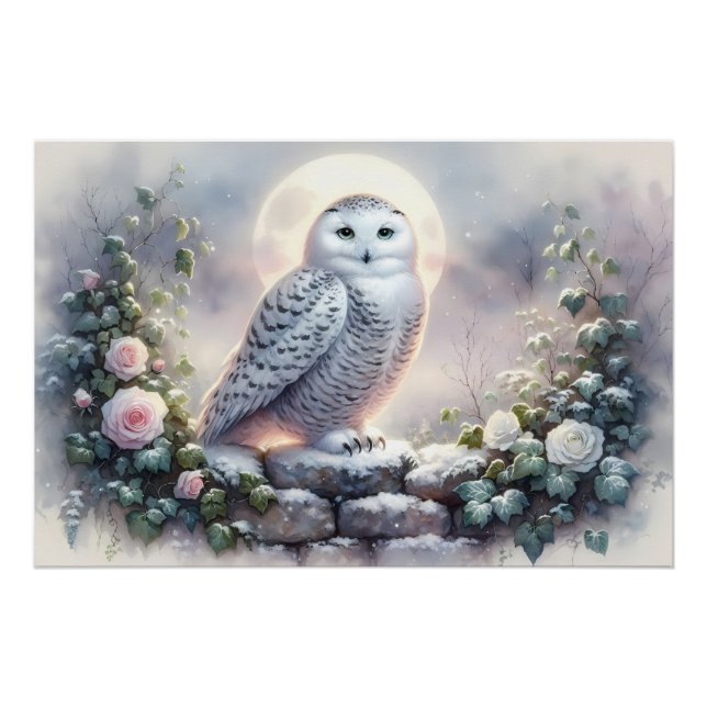 Snowy Owl in Moonlit Winter Garden Poster (Front)