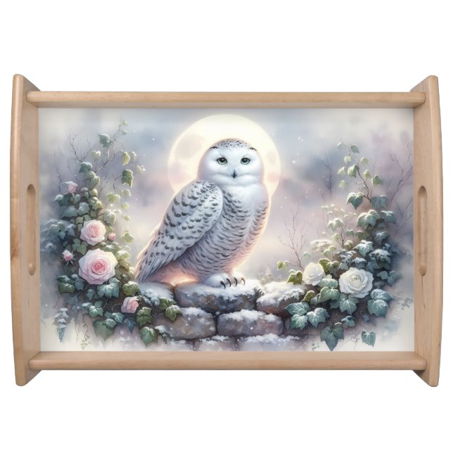 Snowy Owl in Moonlit Winter Garden Serving Tray (Front)