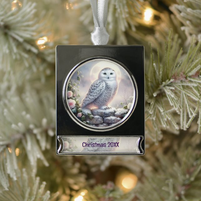 Snowy Owl in Moonlit Winter Garden Silver Plated Banner Ornament (Tree)