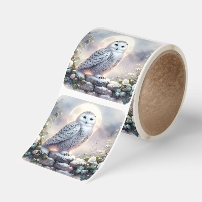 Snowy Owl in Moonlit Winter Garden Square Sticker (Roll)