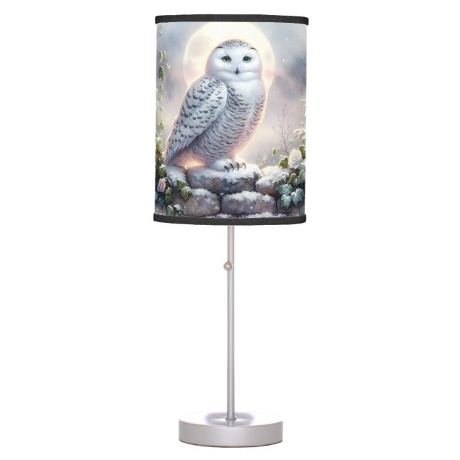 Snowy Owl in Moonlit Winter Garden Table Lamp (Front)