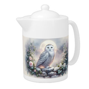 Snowy Owl in Moonlit Winter Garden Teapot