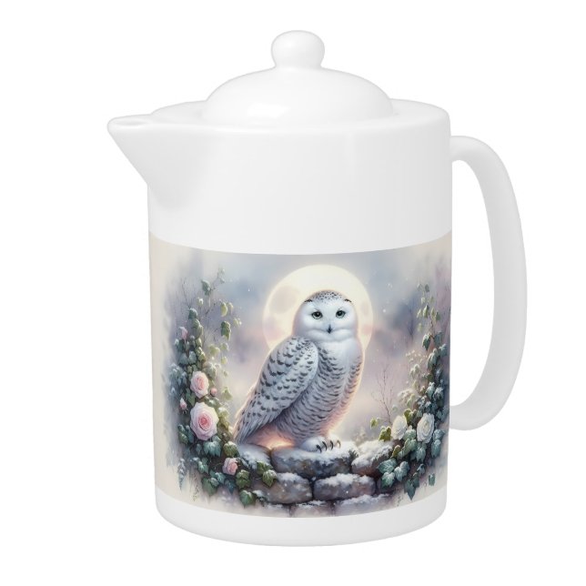 Snowy Owl in Moonlit Winter Garden Teapot (Right)