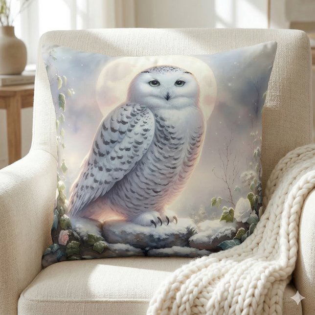 Snowy Owl in Moonlit Winter Garden Throw Pillow (Snowy Owl in Moonlit Winter Garden Throw Pillow Mockup A)