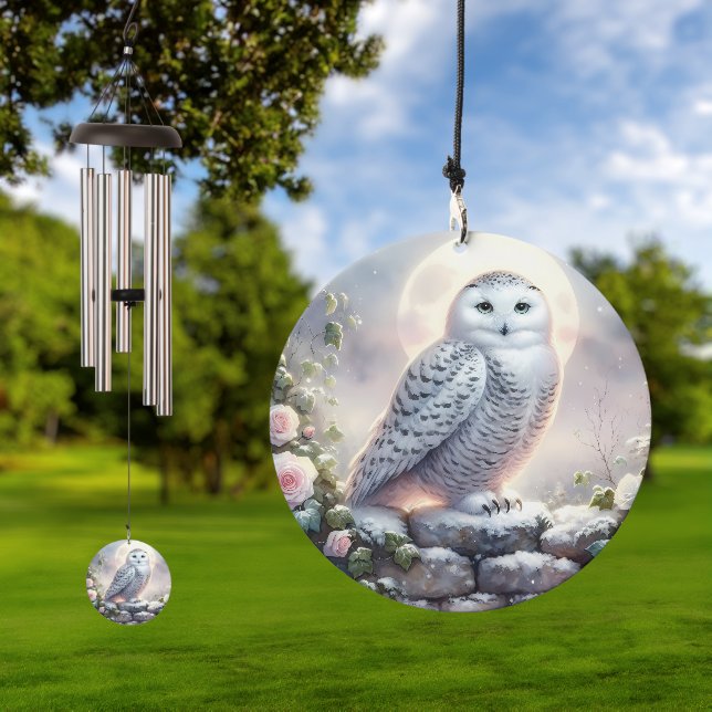 Snowy Owl in Moonlit Winter Garden Wind Chime (Outdoor)