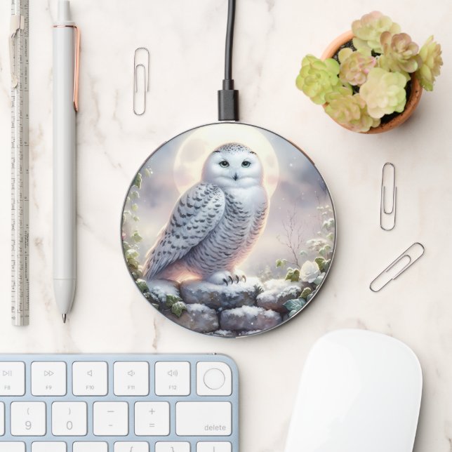 Snowy Owl in Moonlit Winter Garden Wireless Charger (Desk)