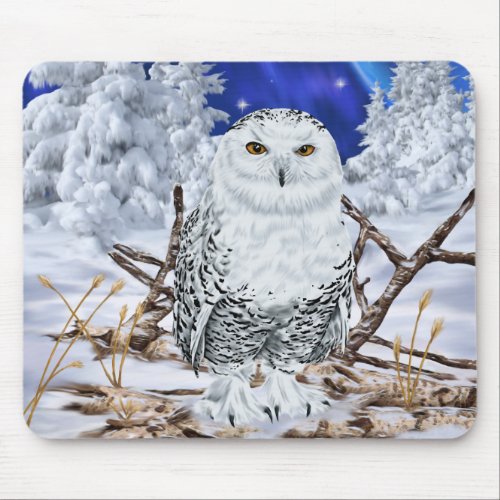 Snowy Owl in Snow Dark Blue Sky Mouse Pad