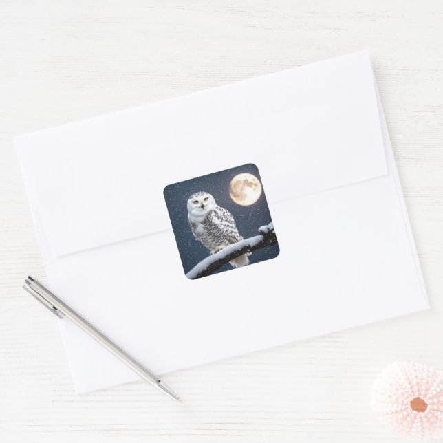 Snowy Owl In Snowflakes Square Sticker (Envelope)
