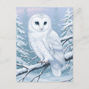 Snowy Owl in Winter Forest Watercolor Postcard