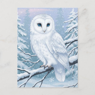 Snowy Owl in Winter Forest Watercolor Postcard