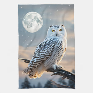 Snowy Owl in Winter Moonlight with Snow Falling Kitchen Towel
