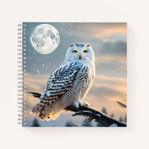 Snowy Owl in Winter Moonlight with Snow Falling Notebook