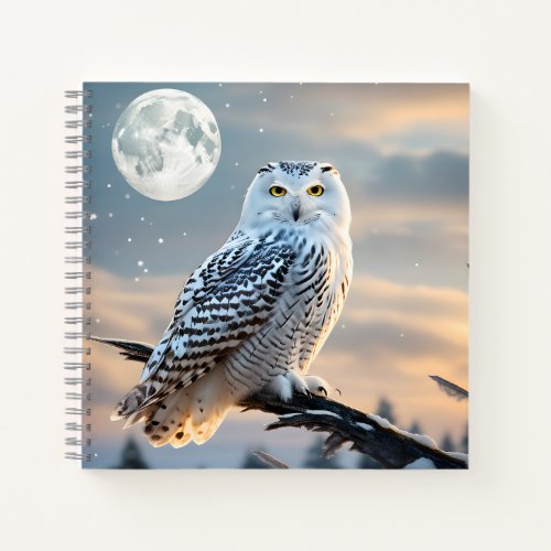 Snowy Owl in Winter Moonlight with Snow Falling Notebook