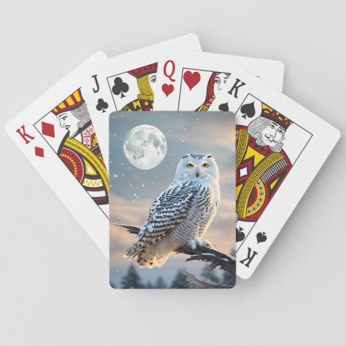 Snowy Owl in Winter Moonlight with Snow Falling Playing Cards