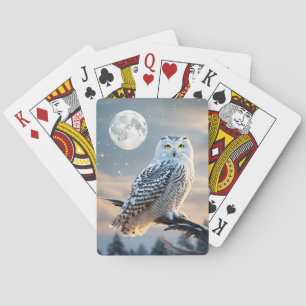 Snowy Owl in Winter Moonlight with Snow Falling Poker Cards