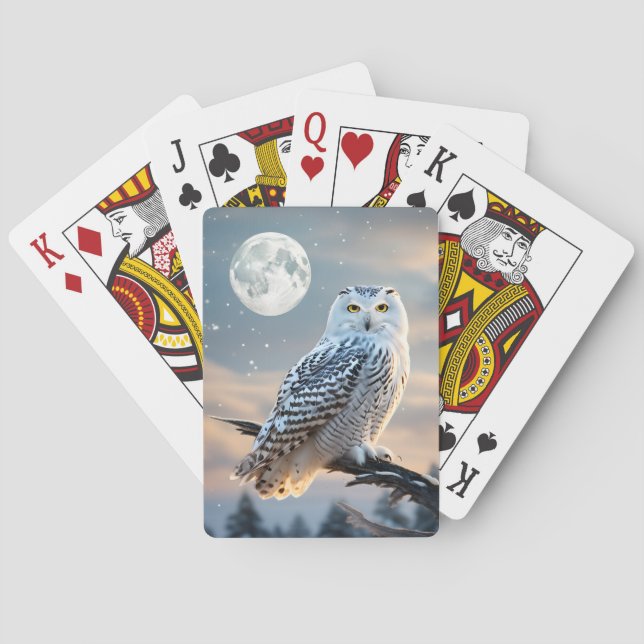 Snowy Owl in Winter Moonlight with Snow Falling Poker Cards (Back)