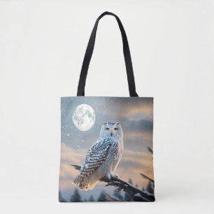 Snowy Owl in Winter Moonlight with Snow Falling Tote Bag