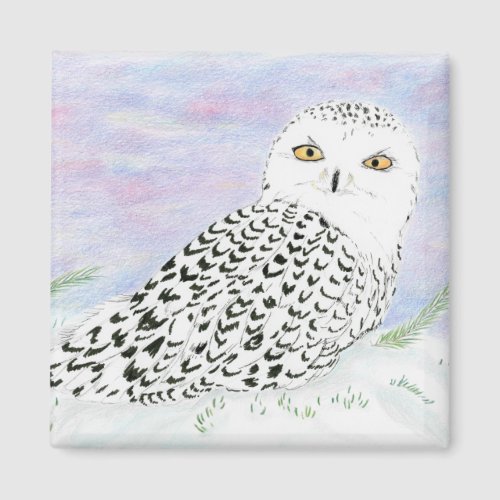 Snowy Owl In Winter Sunset Color Pen Magnet