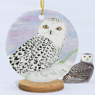 Snowy Owl In Winter Sunset Color Pencil Ceramic Ornament