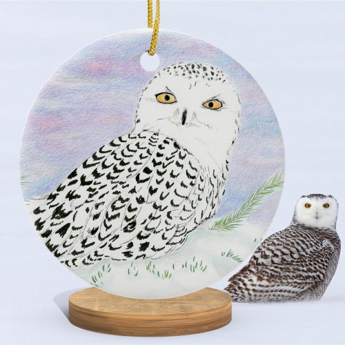 Snowy Owl In Winter Sunset Color Pencil  Ceramic Ornament