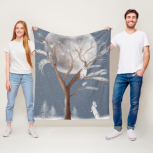 Snowy Owl In Winter Tree and Bunny Fleece Blanket