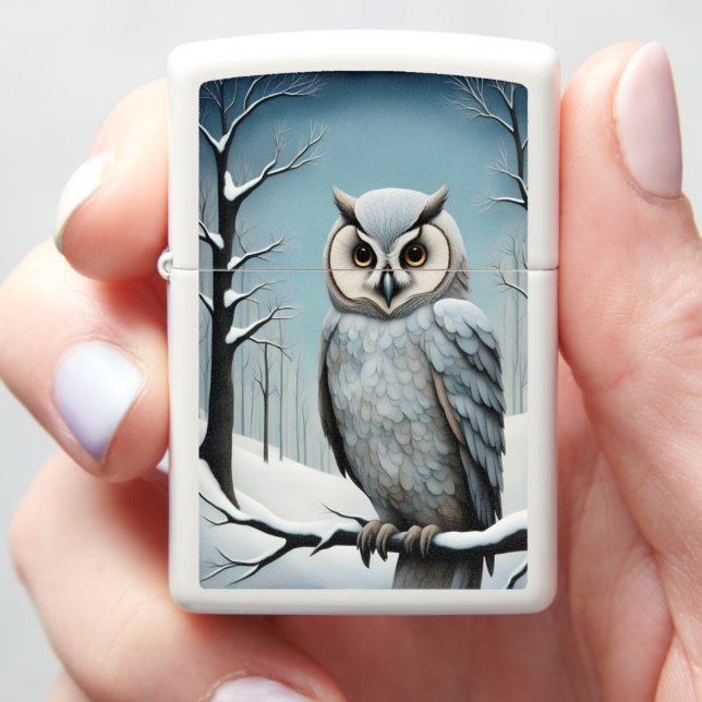 Snowy Owl In Winter Woods Zippo Lighter (In Hand)