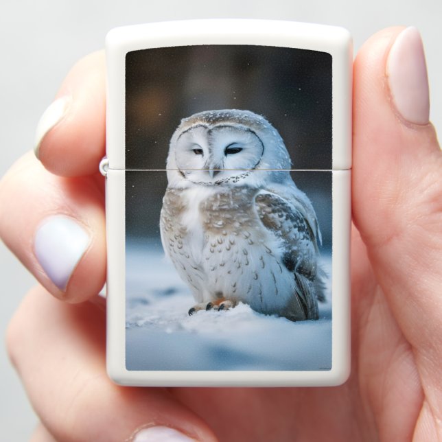 Snowy Owl In Winter's Embrace Zippo Lighter (In Hand)
