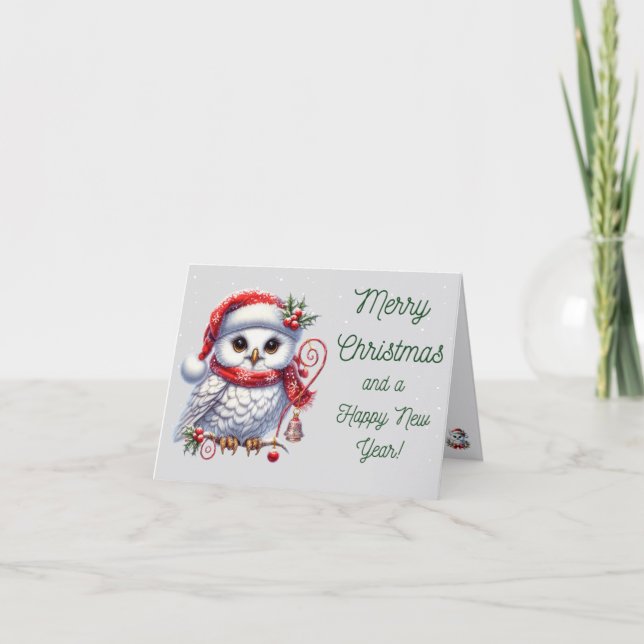 Snowy Owl Merry Christmas Happy New Year card (Front)