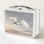 Snowy Owl Metal Lunch Box<br><div class="desc">A digital rendering of a Snowy Owl (Bubo scandiacus) superimposed on a wintery, gray sky background. Add your own text. The ground-nesting Snowy Owl is endemic to the Arctic regions of North America and Eurasia. Males are almost pure white, while females, as in this image, have more dark flecks and...</div>