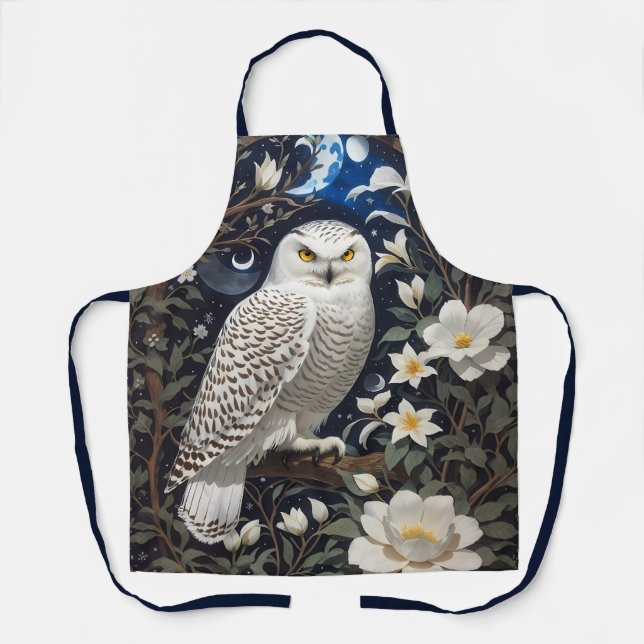 Snowy Owl Moonlight Moonflowers Apron (Front)
