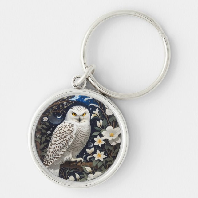 Snowy Owl Moonlight Moonflowers Keychain (Front)