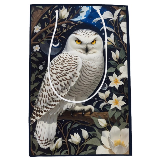 Snowy Owl Moonlight Moonflowers Medium Gift Bag (Front)