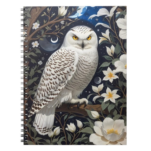 Snowy Owl Moonlight Moonflowers Notebook (Front)