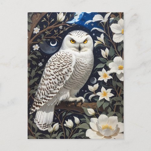 Snowy Owl Moonlight Moonflowers Postcard