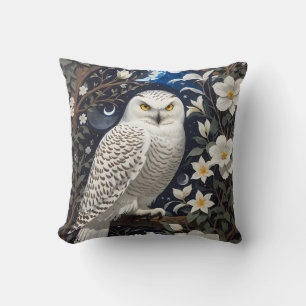 Snowy Owl Moonlight Moonflowers Throw Pillow