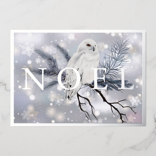 Snowy owl NOEL custom Christmas Foil Holiday Card (Front)