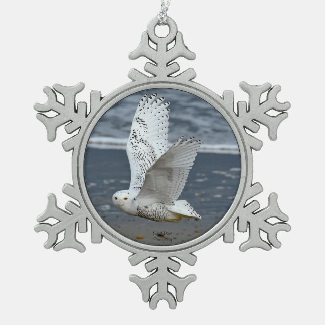 Snowy Owl on a Beach  Snowflake Pewter Christmas Ornament (Front)